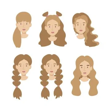 Set girls faces flat. Friendly young woman with different hairstyles long b.. Stock Illustration