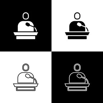 Set Gives lecture icon isolated on black and white background. Stand near podium Stock Illustration