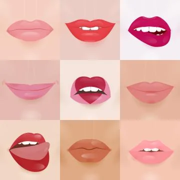 Set of glamour lips with different lipstick colors Stock Illustration