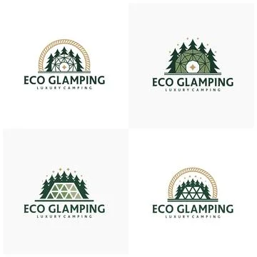 Set of Glamping Dome with Pine Recreation Logo Vector Template. Creative Ca.. Illustrazione stock