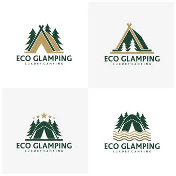 Set of Glamping Recreation Logo Vector Template. Comfortable Outdoor Tent w.. Ilustración de archivo