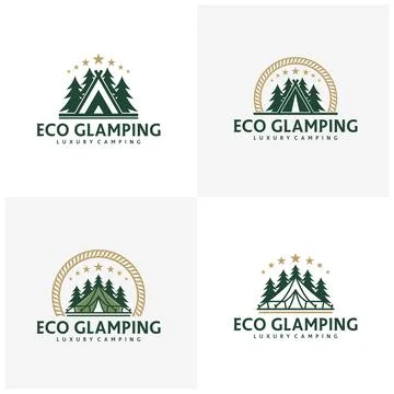 Set of Glamping Recreation Logo Vector Template. Comfortable Outdoor Tent w.. Stock Illustration