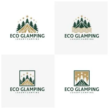 Set of Glamping Recreation Logo Vector Template. Comfortable Outdoor Tent w.. Stock Illustration