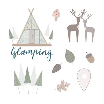 Set of glamping vector illustrations with deers, pine forest, leaves for creat Illustrazione stock