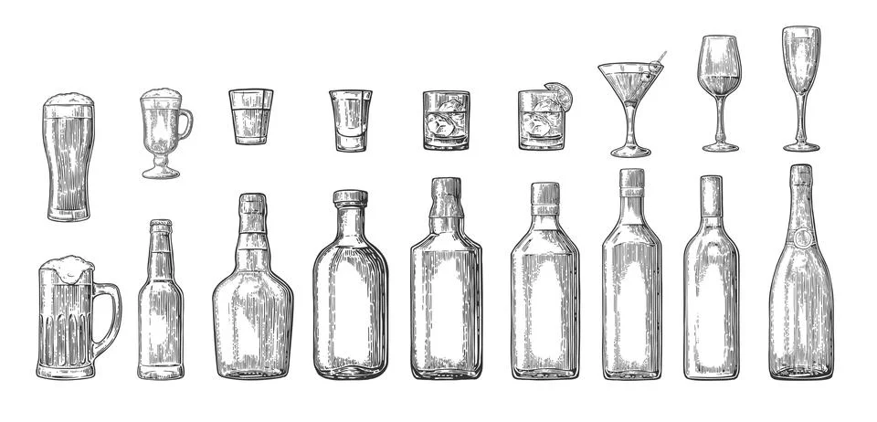 Set glass and bottle beer, whiskey, wine, gin, rum, tequila, champagne, coc.. Stock Illustration