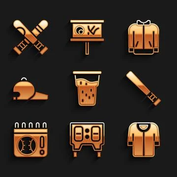 Set Glass of beer, Baseball mechanical scoreboard, t-shirt, bat, Calendar with Stock Illustration