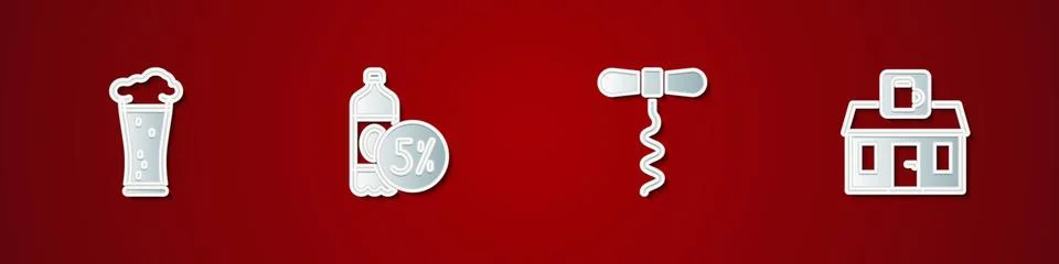 Set Glass of beer, Beer bottle, Wine corkscrew and Store building shop icon Ilustración de archivo