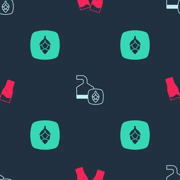 Set Glass of beer, Beer brewing process and Hop on seamless pattern. Vector Stock Illustration