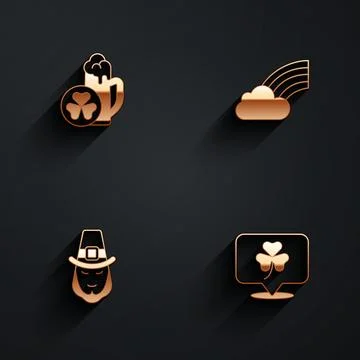 Set Glass of beer, Rainbow with cloud, Leprechaun and Clover trefoil leaf icon イラスト素材