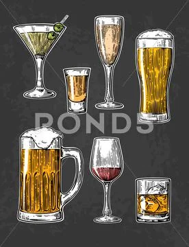 Set glass for beer, whiskey, wine, tequila, cognac, champagne, brandy, cocktails Stock Illustration