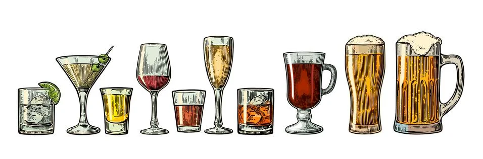 Set glass beer, whiskey, wine, tequila, cognac, champagne, cocktails, grog. Stockillustratie