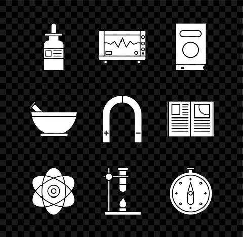 Set Glass bottle with a pipette, Computer monitor cardiogram, Book, Atom, test Illustrazione stock
