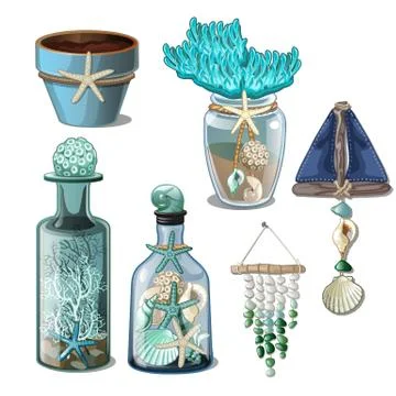 A set of glass bottles and elements of the interior of seashells isolated on a Stock Illustration