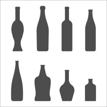 Set of Glass Bottles vector icons. Wine, beer, whiskey, liqueur, champagne an Stock Illustration