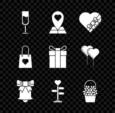 Set Glass of champagne, Map pointer with heart, Candy shaped box and bow, R.. Illustrazione stock