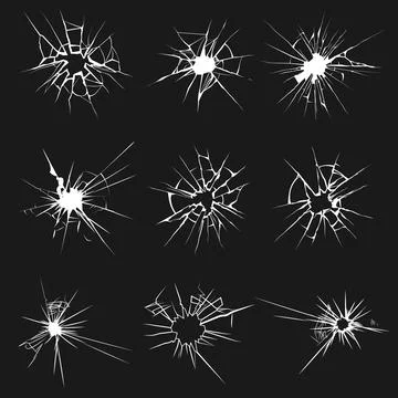 Set of glass crack with different types of damage on black background graph.. Stock Illustration