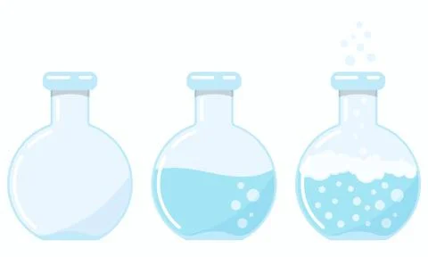 Set of glass flasks icon with a proceeding chemical reaction at different sta Stock Illustration