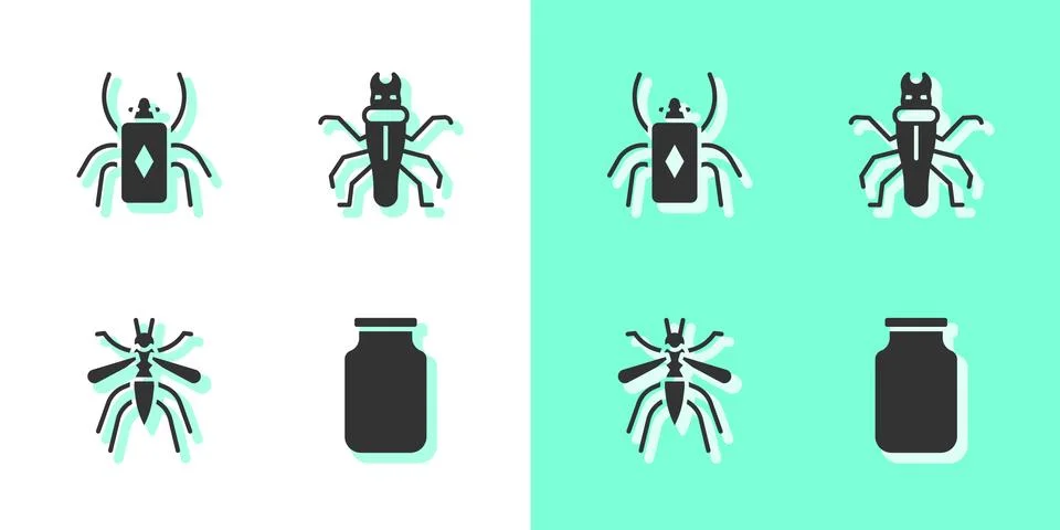 Set Glass jar, Beetle bug, Mosquito and Termite icon. Vector Stock Illustration