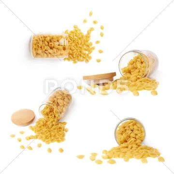 Set of glass jar filled with dry conchiglie pasta over isolated white background Stock Photos