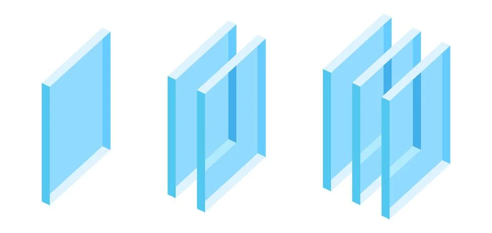 Set of glass layers types double glazed windows. Ilustración de archivo