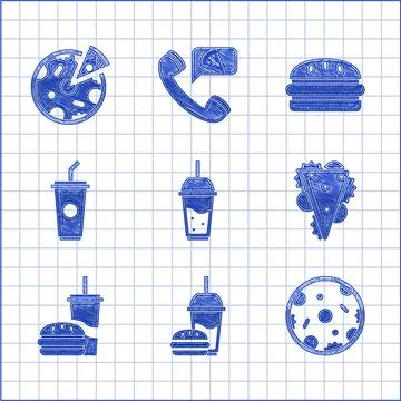 Set Glass of lemonade with drinking straw, Paper glass and burger, Pizza Stock Illustration