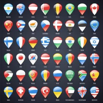 Set of glass map pointers with world states flags Stock Illustration