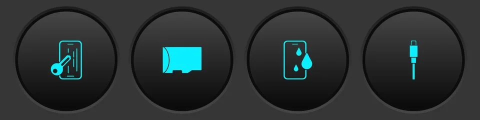 Set Glass screen protector, Micro SD memory card, Waterproof phone and USB cable Illustrazione stock