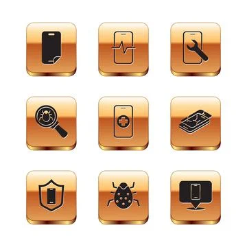 Set Glass screen protector, Mobile with shield, System bug, Phone repair service Illustrazione stock