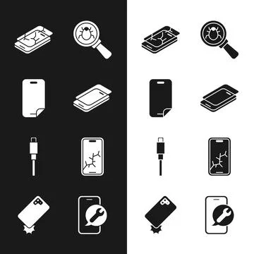 Set Glass screen protector, Mobile with broken, System bug, USB cable cord 库存插图