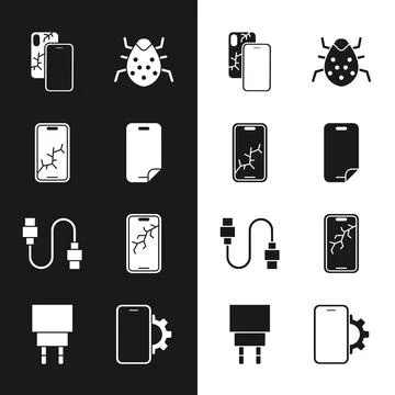 Set Glass screen protector, Mobile with broken, System bug, USB cable cord Illustrazione stock