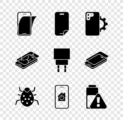 Set Glass screen protector, Phone repair service, System bug, Mobile with smart Illustrazione stock