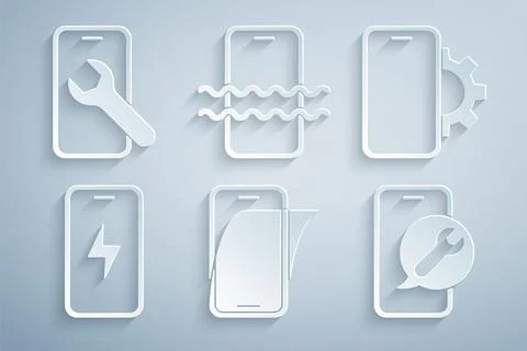 Set Glass screen protector, Phone repair service, Mobile charging battery, .. Stock Illustration