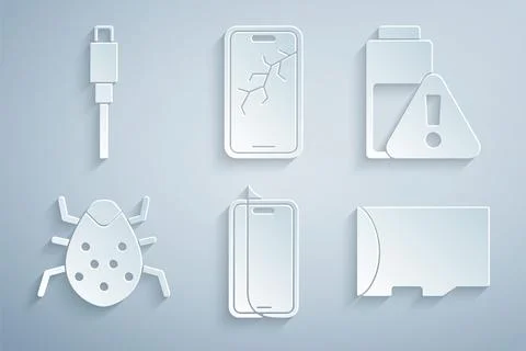 Set Glass screen protector, Smartphone battery charge, System bug, Micro SD Illustrazione stock