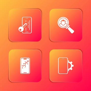 Set Glass screen protector, System bug, Mobile with broken and Phone repair Stockillustratie
