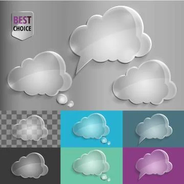 Set of glass speech bubble cloud icons with shadow on gradient background Stock Illustration