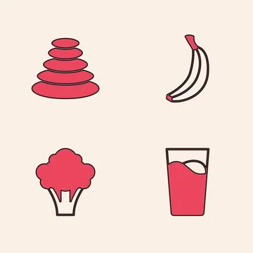 Set Glass with water, Stack hot stones, Banana and Broccoli icon. Vector 스톡 일러스트