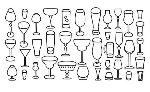 Set of glasses for alcohol drinks. Linear sketch of glassware for wine, beer Illustrazione stock