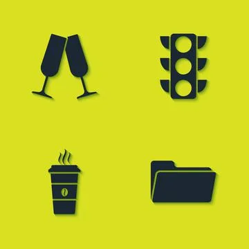 Set Glasses of champagne, Folder, Coffee cup and Traffic light icon. Vector Stock Illustration