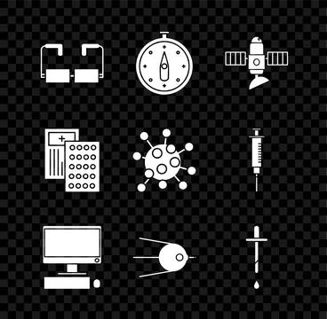 Set Glasses, Compass, Satellite, Computer monitor with keyboard and mouse, .. Stock Illustration