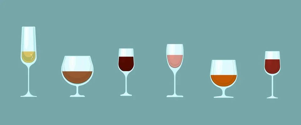 Set of glasses with different alcohol, Vector glass glasses of different shapes Stock Illustration