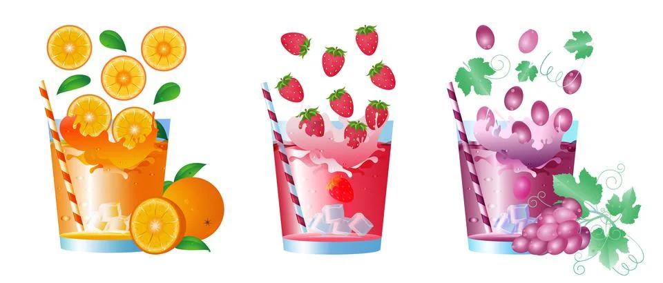 A set of glasses with drinks. Orange, grape, strawberry. Cocktail with fresh Stock Illustration