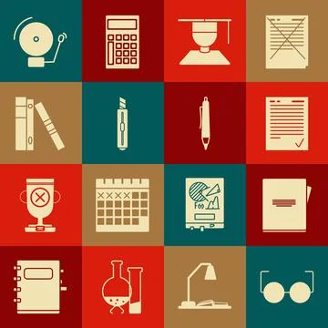 Set Glasses, Notebook, Exam sheet with check mark, Graduate and graduation cap Stock Illustration