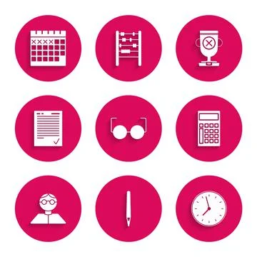 Set Glasses, Pen, Clock, Calculator, Student, Exam sheet with check mark, Awa Stock Illustration