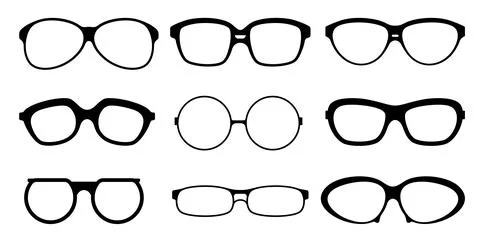 Set glasses silhouettes with different shapes. Black outline elements. Retro and Stock Illustration