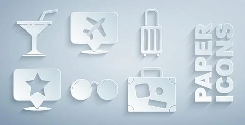 Set Glasses, Suitcase, Map pointer with star, Speech bubble airplane and Martini 스톡 일러스트
