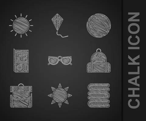 Set Glasses, Sun, Towel stack, Hiking backpack, Travel brochure, Beach ball and Illustrazione stock