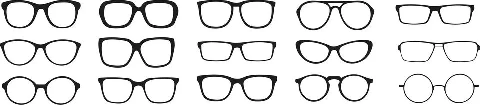 Set of glasses. Vector glasses model icons. Sunglasses, glasses, Silhouette.. Stock Illustration
