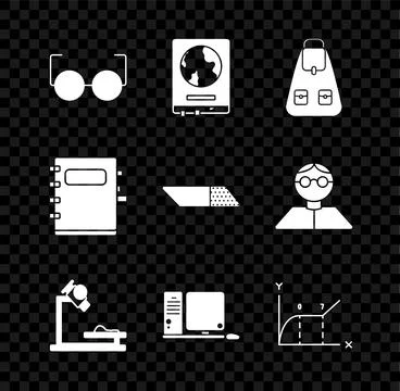 Set Glasses, World map on school blackboard, School backpack, Microscope イラスト素材