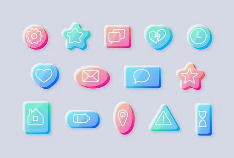 A set of glassmorphic icons with various geometric shapes and symbols, gradients Stock-Illustration