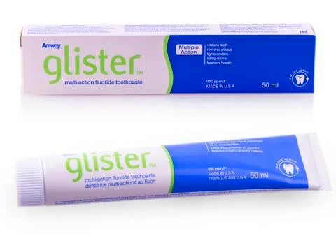 Set of Glister toothpaste box on the white background Stock Photos